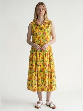 Vintage Oilily Yellow Floral Midi Dress Size S Button Front Cottage Prairie